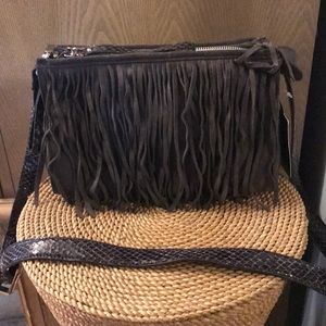 B Makowsky Charcoal fringed suede handbag